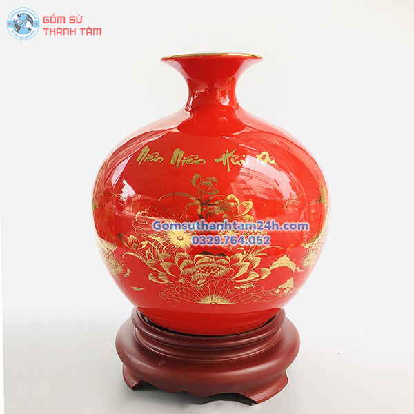 BÌNH HÚT LỘC ĐỎ TRƠN VÀNG KIM HOA SEN PHÚ QUÝ