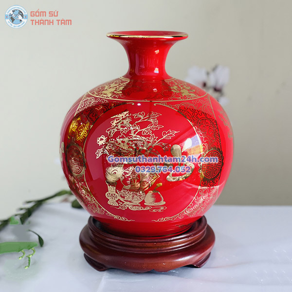 BÌNH HÚT LỘC ĐỎ TRƠN VÀNG KIM TỨ QUÝ VẠN SỰ NHƯ Ý