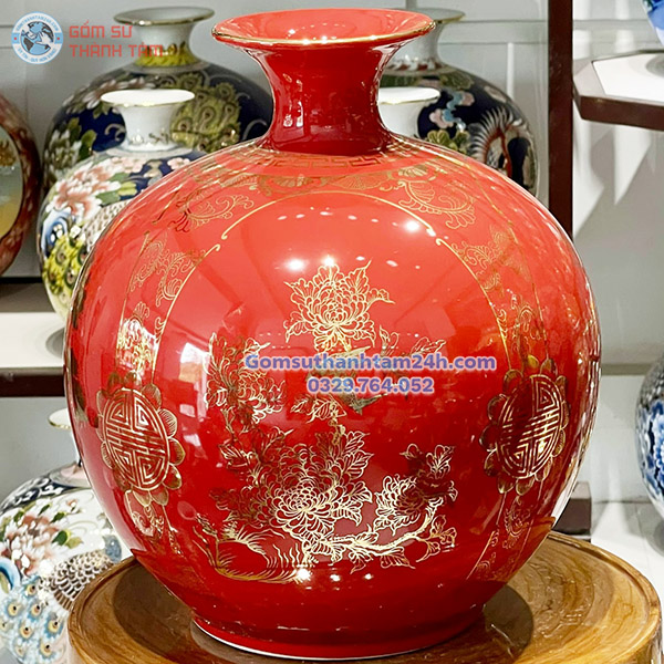 BÌNH HÚT LỘC ĐỎ TRƠN VÀNG KIM TỨ QUÝ