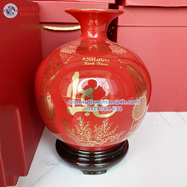 BÌNH HÚT LỘC ĐỎ TRƠN VÀNG KIM IN LOGO THEO YÊU CẦU