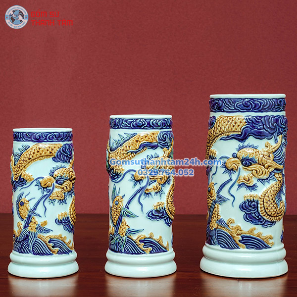 ỐNG CẮM HƯƠNG&nbsp;MEN XANH ĐẮP NỔI PHONG THỦY TỐT LÀNH