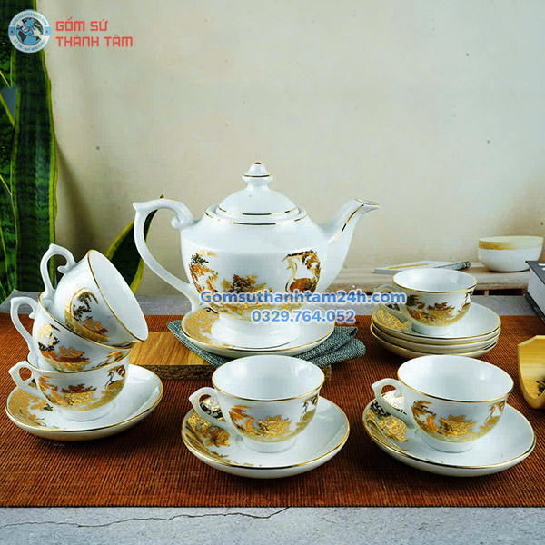 ẤM CHÉN TRẮNG IN LOGO HOẠ TIẾT VÀNG KIM CHẤT LƯỢNG