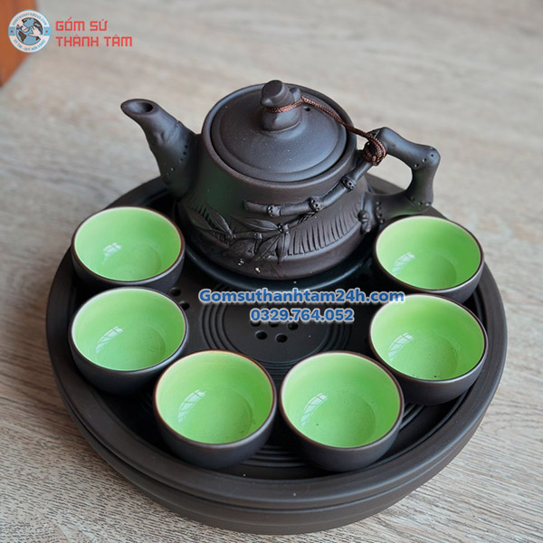 ẤM CHÉN TỬ SA MEN ĐEN KHAY TRÒN THỦNG CAO CẤP