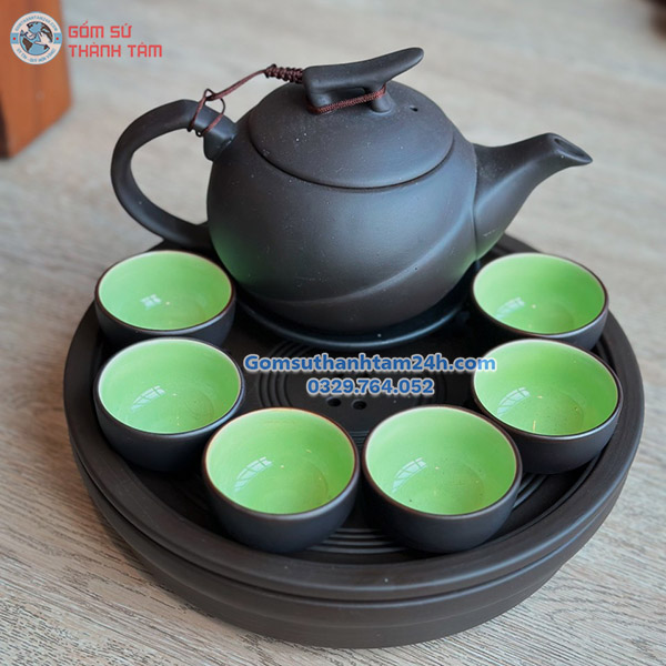 ẤM CHÉN TỬ SA MEN ĐEN KHAY TRÒN THỦNG CAO CẤP