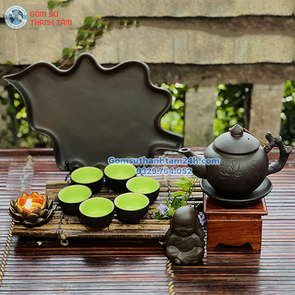 ẤM CHÉN TỬ SA KHAY LÁ NHỌN CHUẨN GỐM, THẨM MỸ CAO