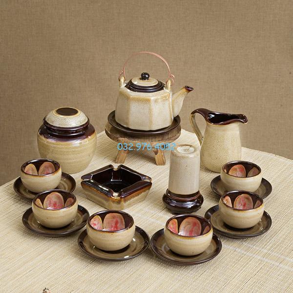 Ấm Chén Hỏa Biến Men Kem Quai Đồng