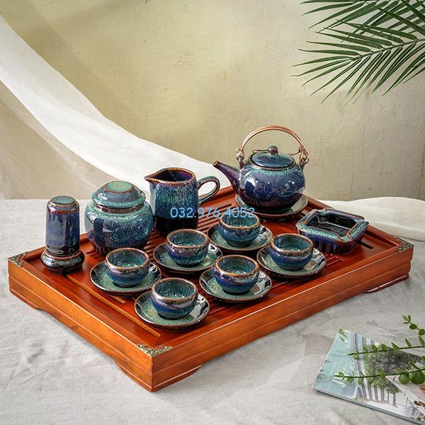 Ấm Chén Hỏa Biến Men Xanh Quai Đồng