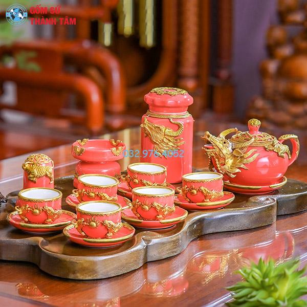 Ấm chén bọc đồng mạ vàng đỏ