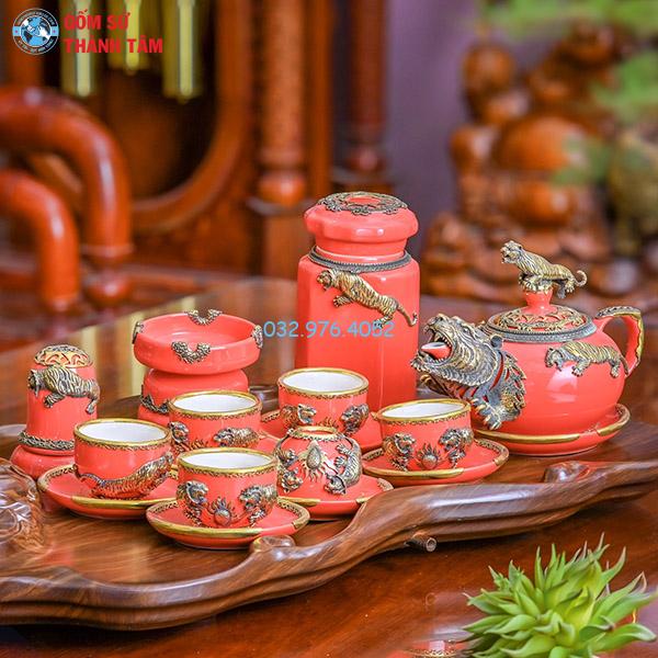 Ấm chén bọc đồng mạ vàng đỏ