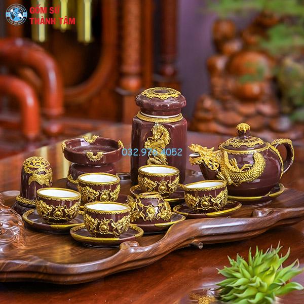 Ấm chén bọc đồng mạ vàng nâu