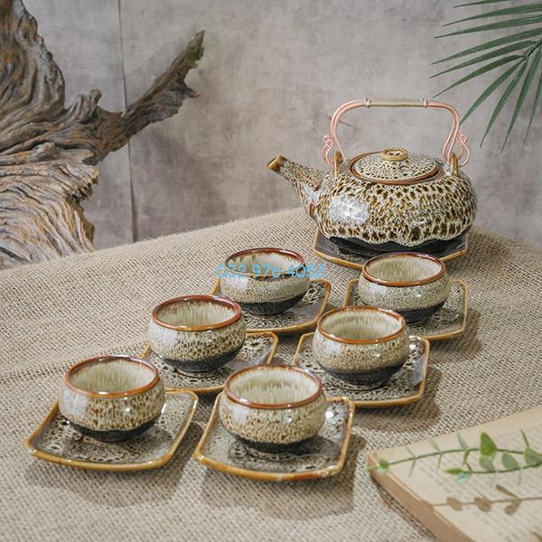Ấm Chén Hỏa Biến Men Nâu Quai Đồng