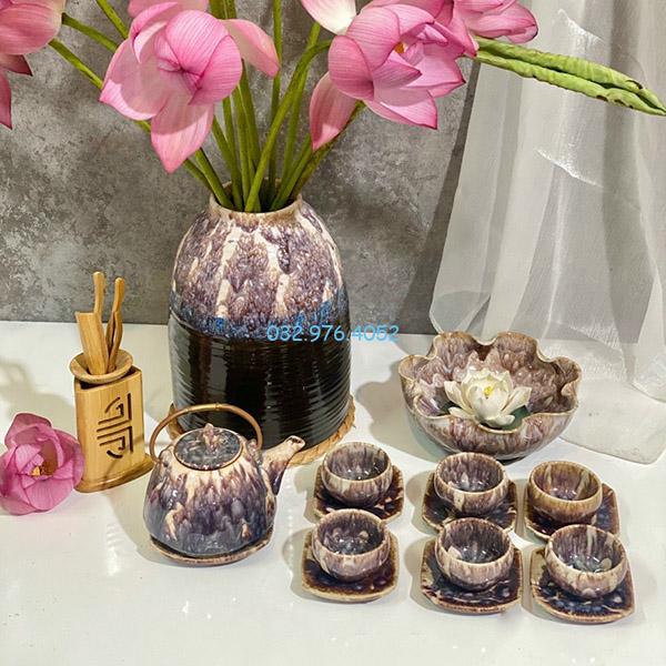 Ấm Chén Hỏa Biến Men Tím Thạch Anh