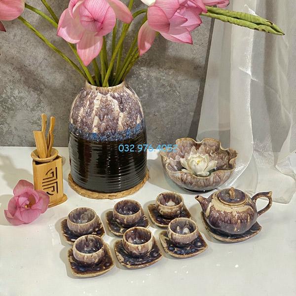 Ấm Chén Hỏa Biến Men Tím Thạch Anh