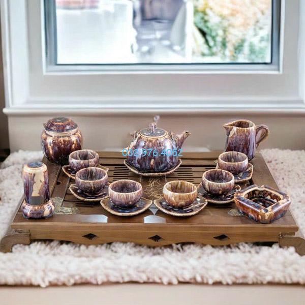 Ấm Chén Hỏa Biến Men Tím Thạch Anh
