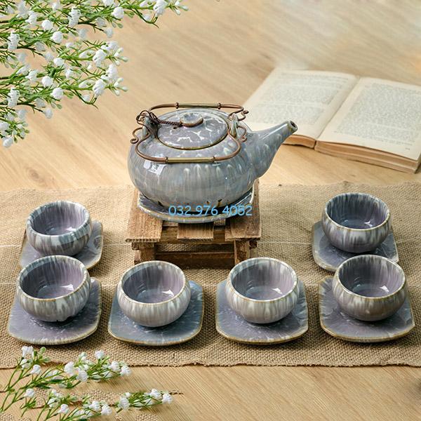 Ấm Chén Hỏa Biến Vân Đá Trắng Tím