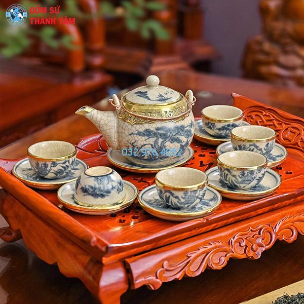 Ấm chén men rạn bọc đồng cam cổ sơn thuỷ