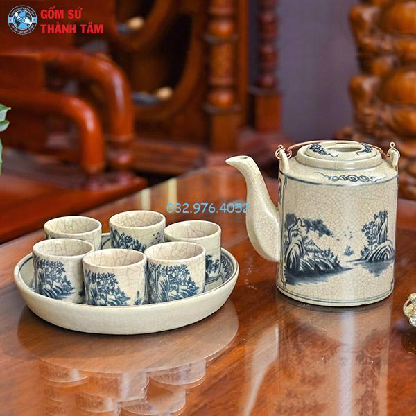 Ấm tích men rạn hoạ tiết Sơn Thuỷ Hữu Tình