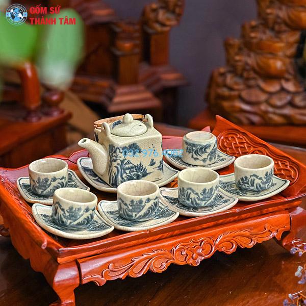 Ấm chén men rạn trơn bộ vuông