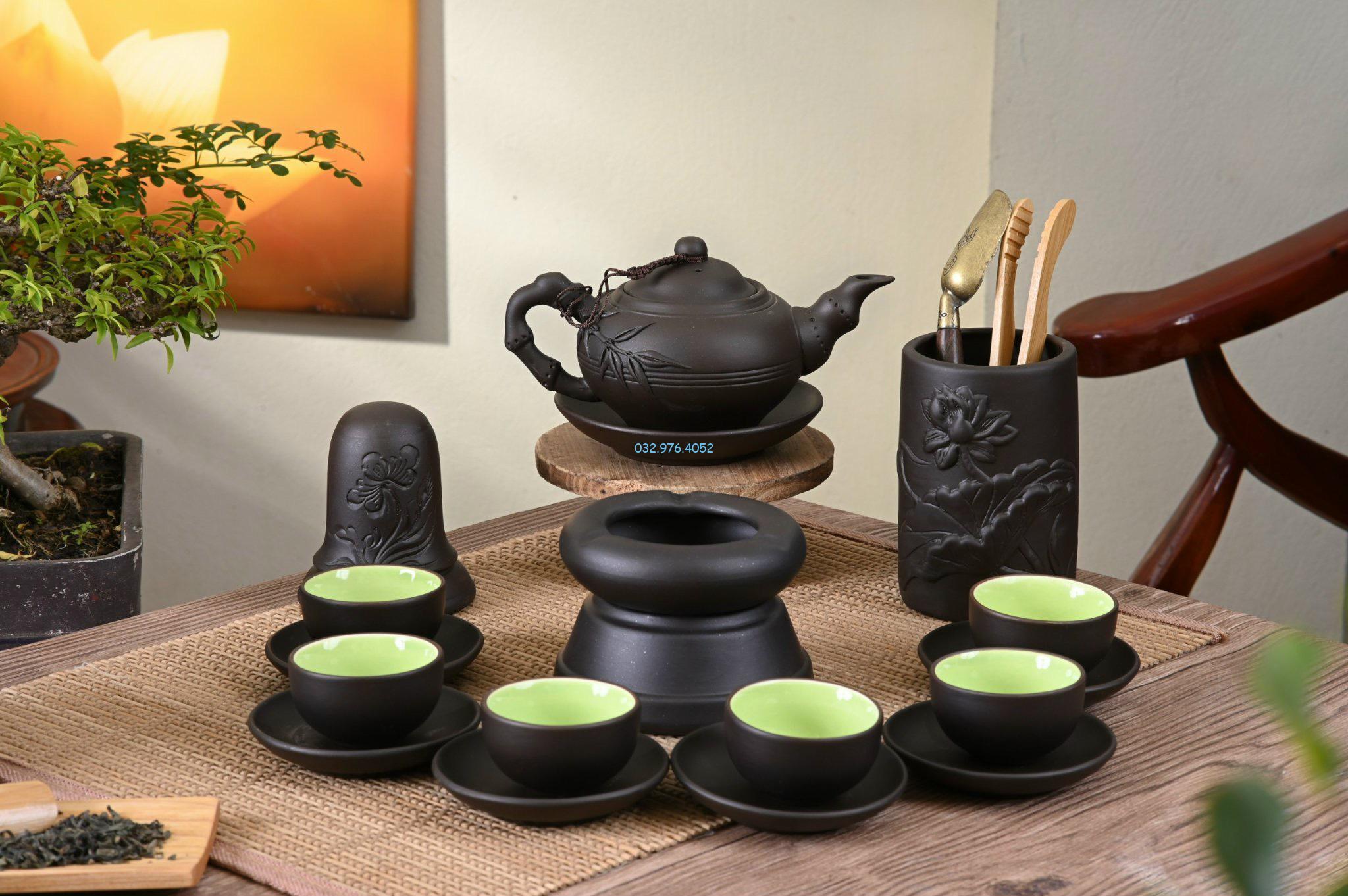 Ấm Chén Tử Sa Men Đen Đĩa Rời