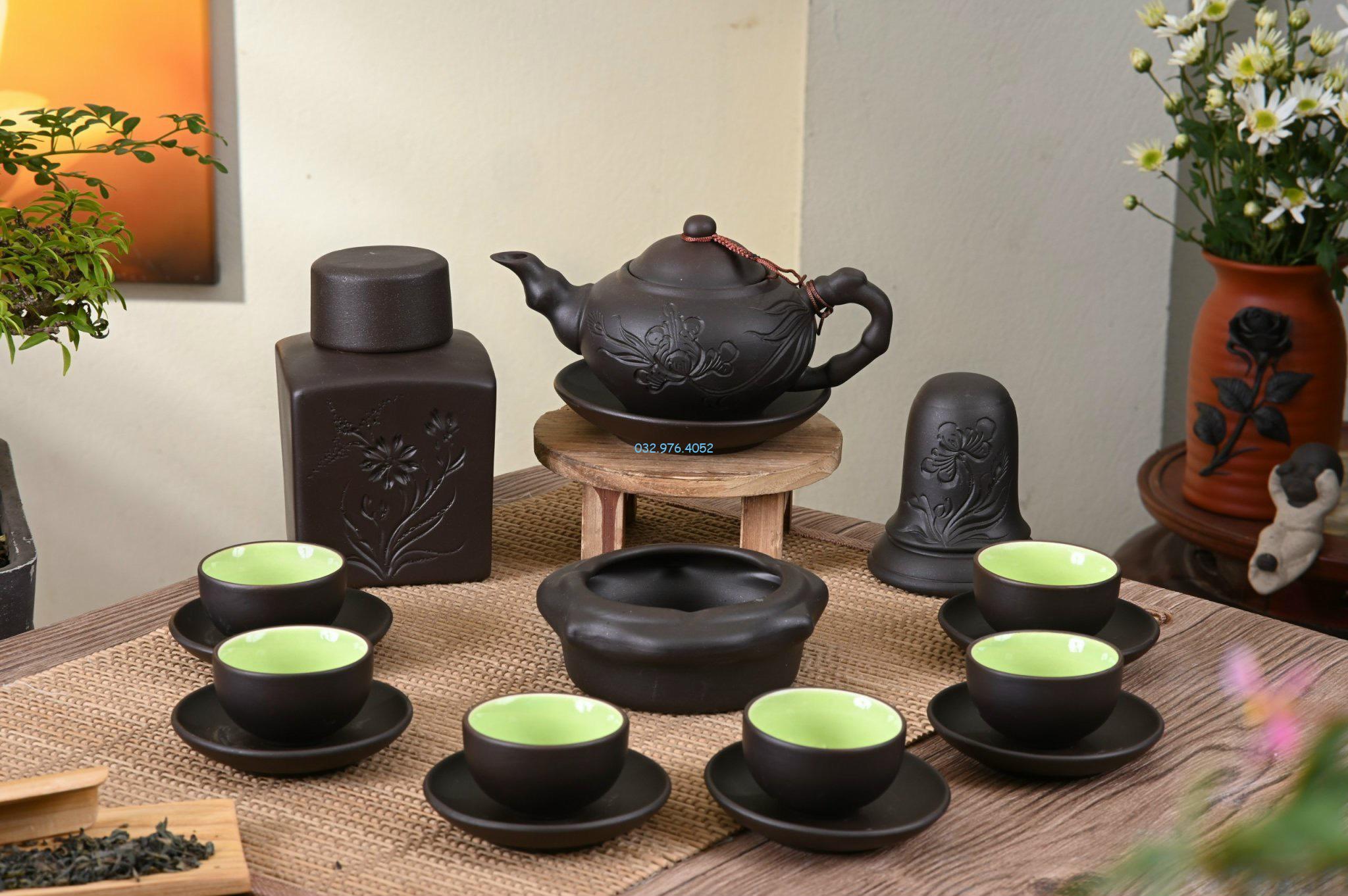 Ấm Chén Tử Sa Men Đen Đĩa Rời