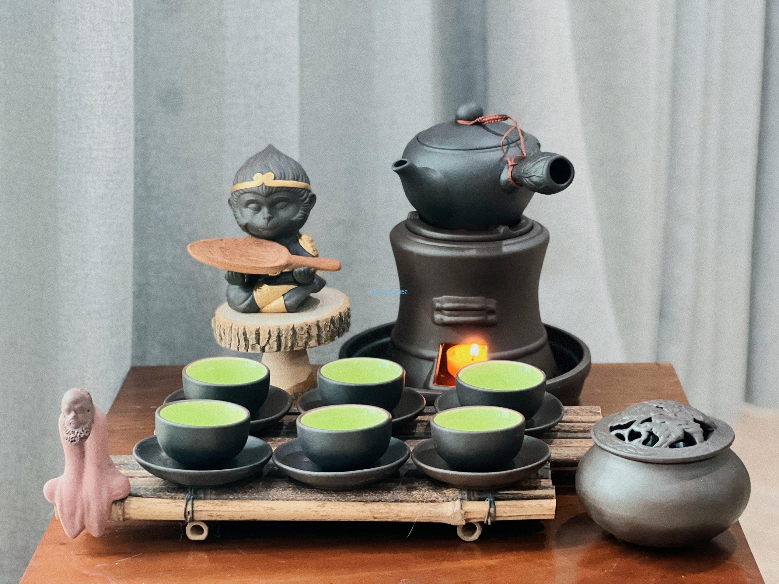 Ấm Chén Tử Sa Men Đen Quai Chuôi