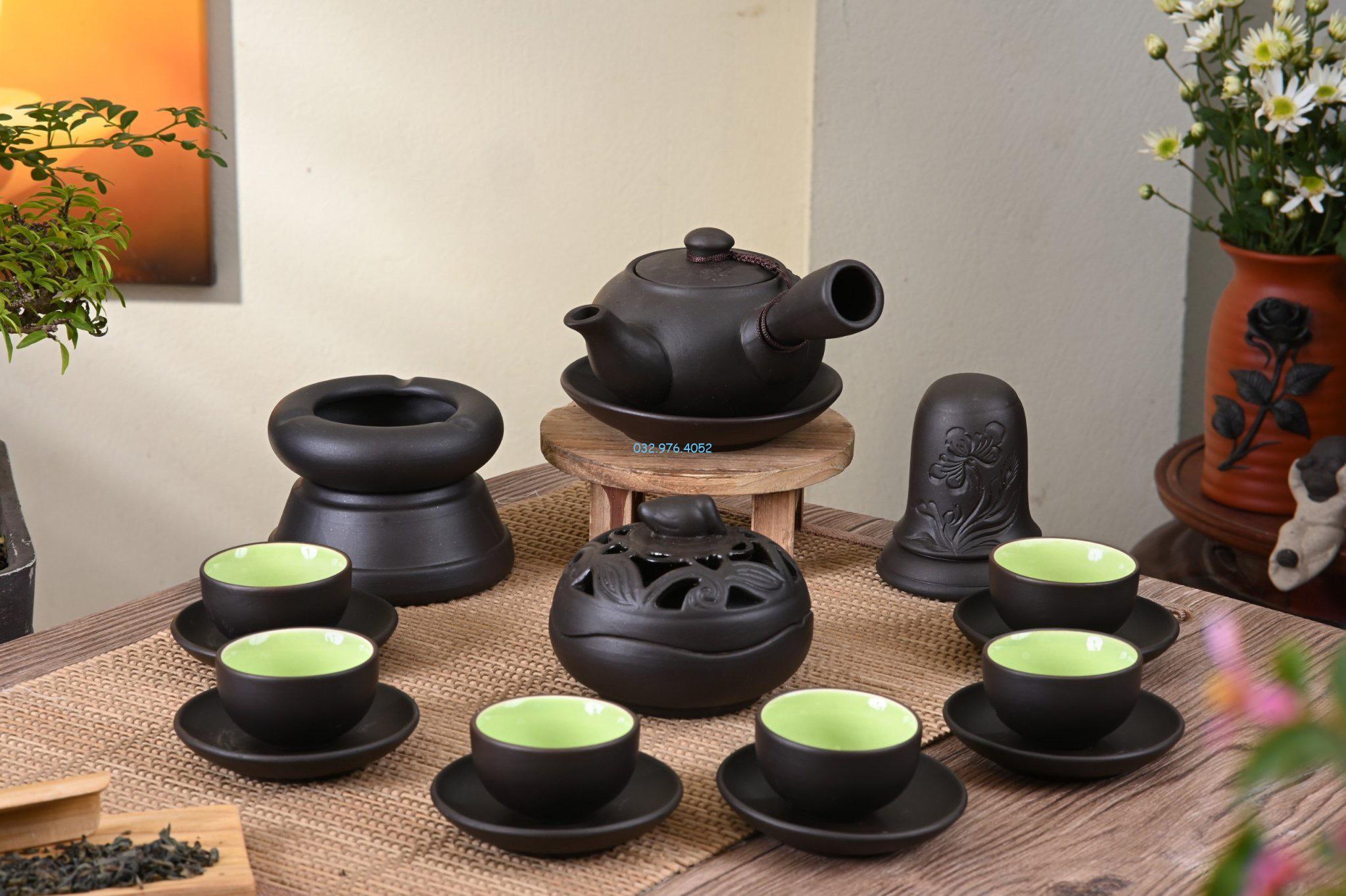 Ấm Chén Tử Sa Men Đen Quai Chuôi
