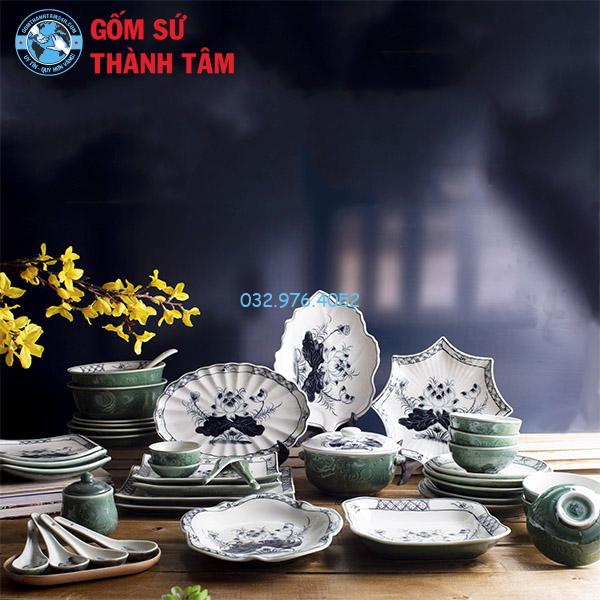 Bát đĩa giả cổ hoa sen xanh đồng
