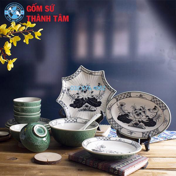 Bát đĩa giả cổ hoa sen xanh đồng