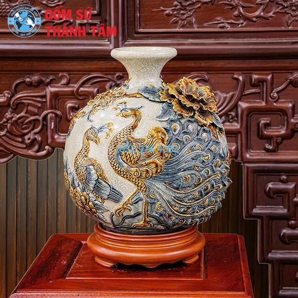 Bình hút lộc men rạn chim công đắp nổi trơn