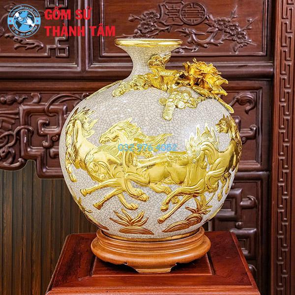 Bình hút lộc men rạn mã đáo thành công cao cấp đắp nổi dát vàng