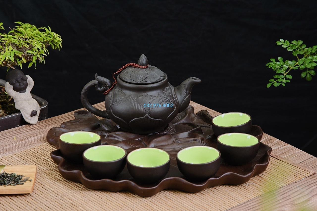 Bộ Ấm Chén Tử Sa Đen Khay Lá Cao Cấp