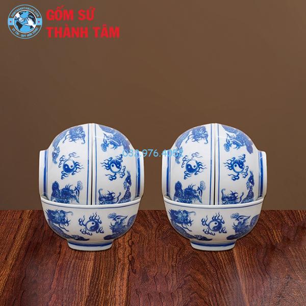 Bộ Bát Đĩa Thắp Hương Men Trắng Rồng