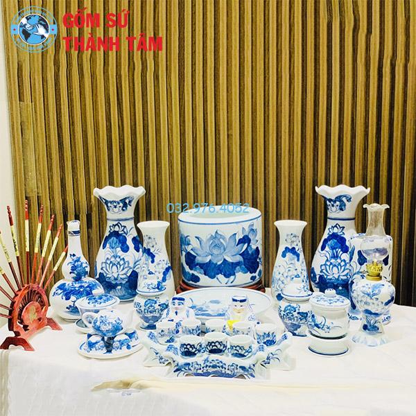 Bộ đồ thờ thần tài men xanh ngọc sen