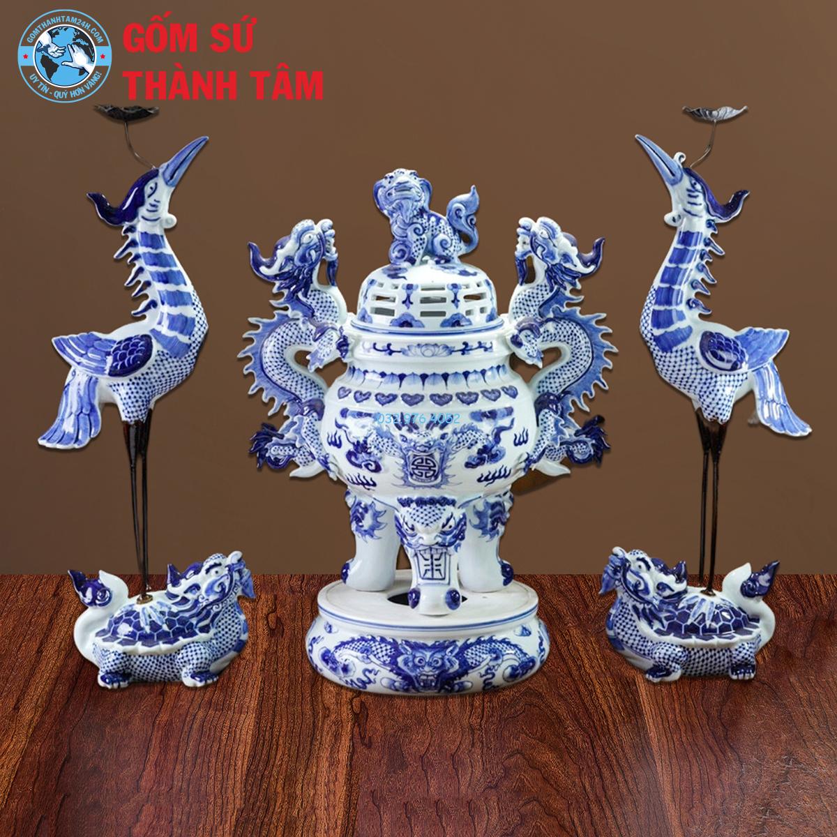 Bộ Lư Hương Đỉnh Hạc Men Trắng