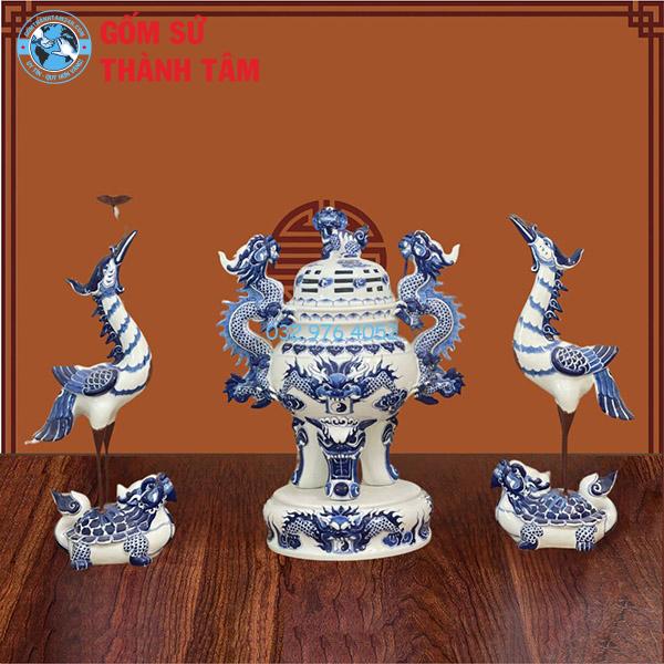 Bộ Lư Hương Đỉnh Hạc Men Trắng