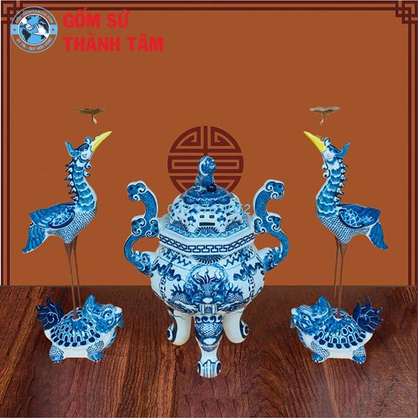 Bộ Lư Hương Đỉnh Hạc Men Xanh Ngọc