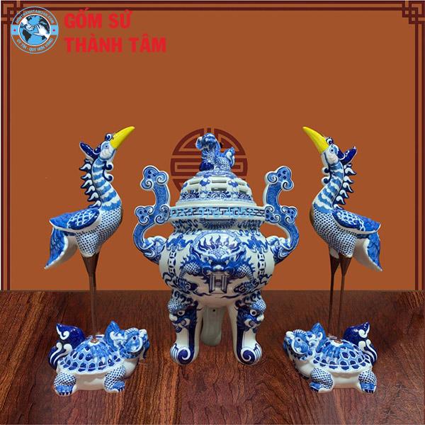 Bộ Lư Hương Đỉnh Hạc Men Xanh Ngọc