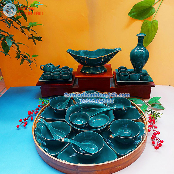 BỘ BÁT ĐĨA THờ CÚNG MẶT TRỜI - MÀU XANH LÁ VIỀN VÀNG KIM