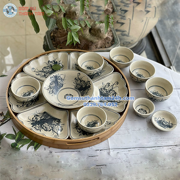 BỘ BÁT ĐĨA THờ CÚNG MẶT TRỜI - MEN TRÀM HOẠ TIẾT HOA SEN CỔ