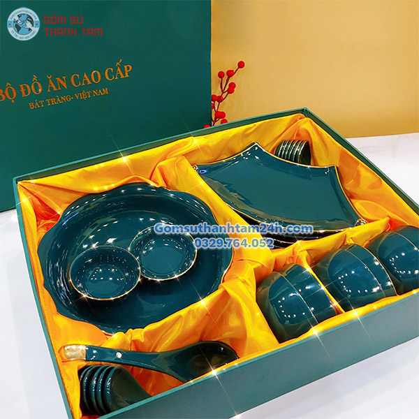 BỘ BÁT ĐĨA THờ CÚNG MẶT TRỜI - MÀU XANH LÁ VIỀN VÀNG KIM