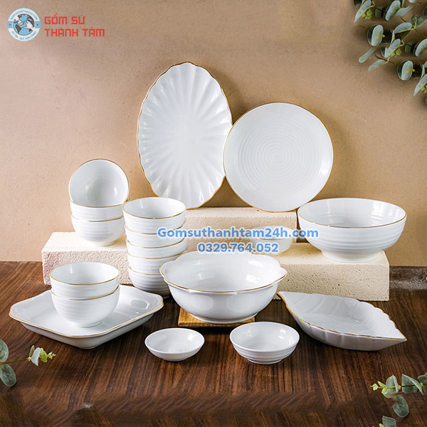 BỘ BÁT ĐĨA TRẮNG SỨ VIỀN VÀNG KIM CAO CẤP