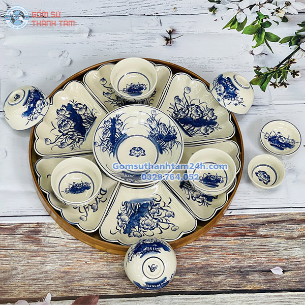 BỘ BÁT ĐĨA THờ CÚNG MẶT TRỜI - MEN TRÀM HOẠ TIẾT HOA SEN CỔ