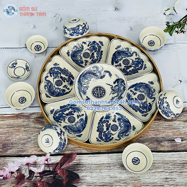 BỘ BÁT ĐĨA THờ CÚNG MẶT TRỜI - MEN TRÀM HOẠ TIẾT RỒNG