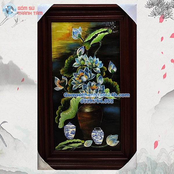TRANH SỨ BÁT TRÀNG VẼ HOA SEN KHUNG THẲNG GIÁ TỐT
