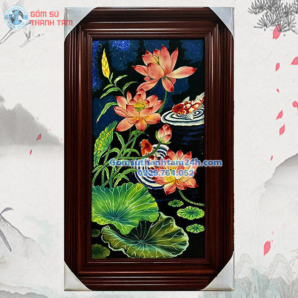 TRANH SỨ BÁT TRÀNG VẼ HOA SEN KHUNG THẲNG GIÁ TỐT