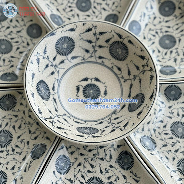 BỘ BÁT ĐĨA THờ CÚNG MẶT TRỜI - MEN TRÀM HOẠ TIẾT TAM THÁI