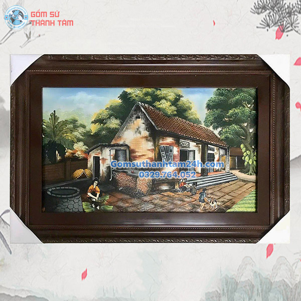TRANH SỨ BÁT TRÀNG CẢNH ĐỒNG QUÊ KHUNG CHỮ NHẬT