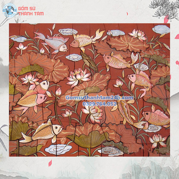 TRANH GỐM ĐẮP NỔI GHÉP MẢNH CẢNH CÁ CHÉP HOA SEN