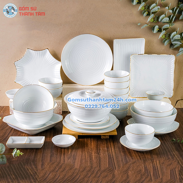 BỘ BÁT ĐĨA TRẮNG SỨ VIỀN VÀNG KIM CAO CẤP