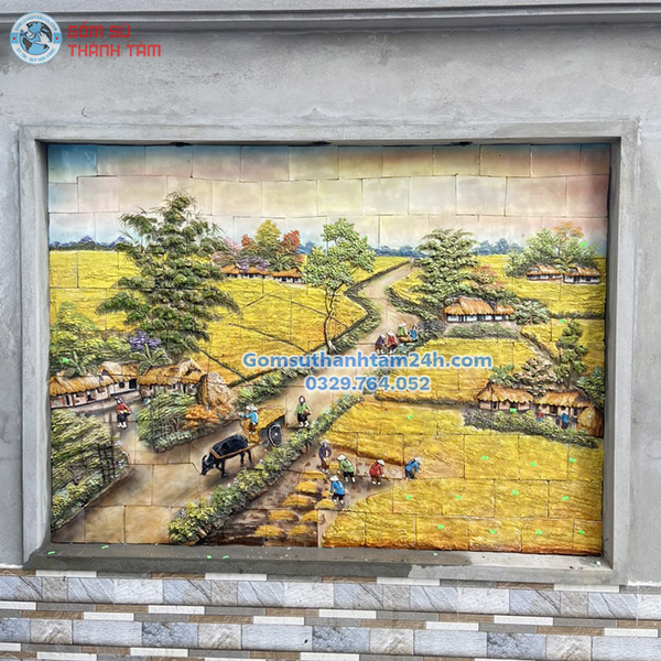 TRANH GỐM ĐẮP NỔI GHÉP MẢNH CẢNH ĐỒNG QUÊ